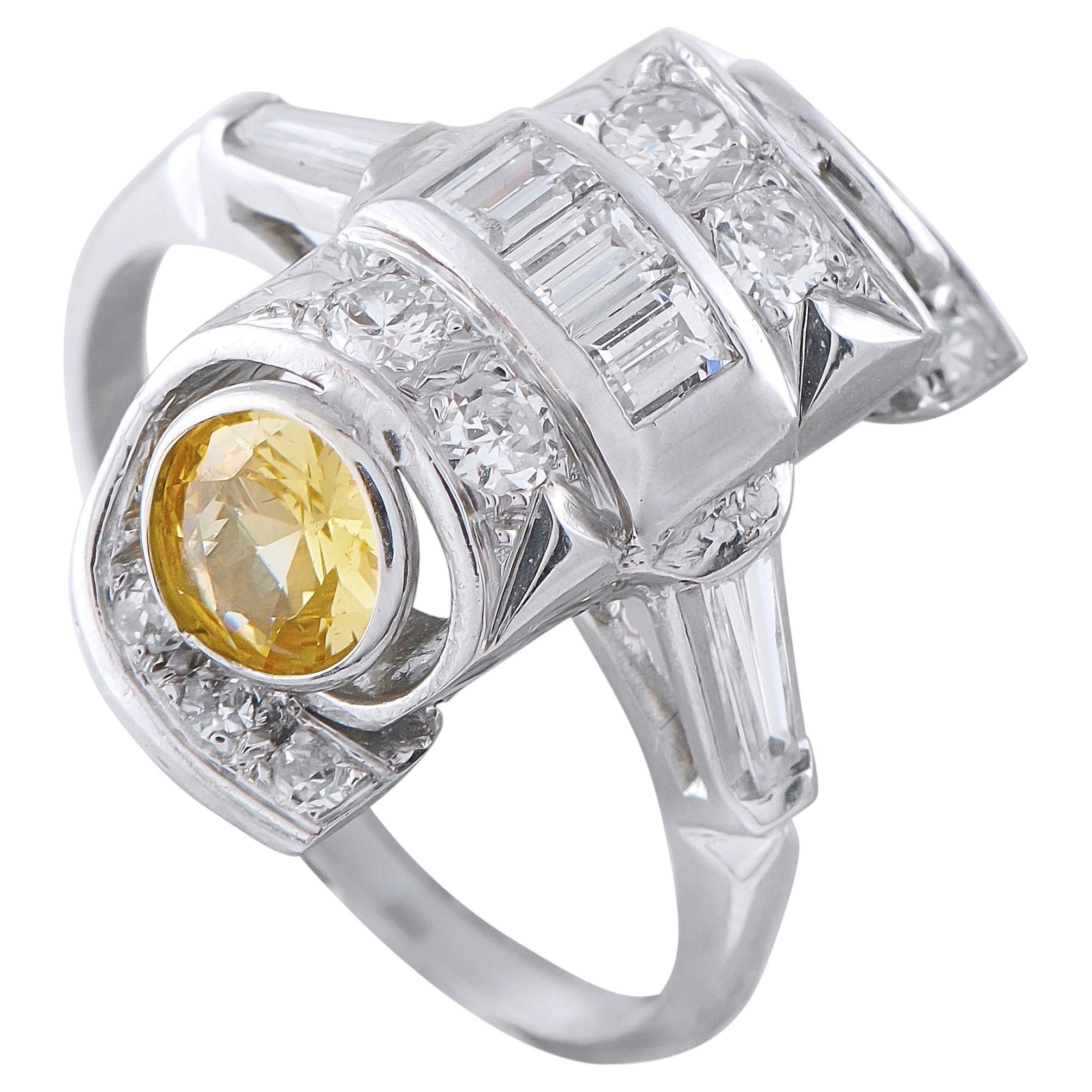 Platinum 0.82ct Diamond and Yellow Sapphire Mid-Century Cocktail Ring