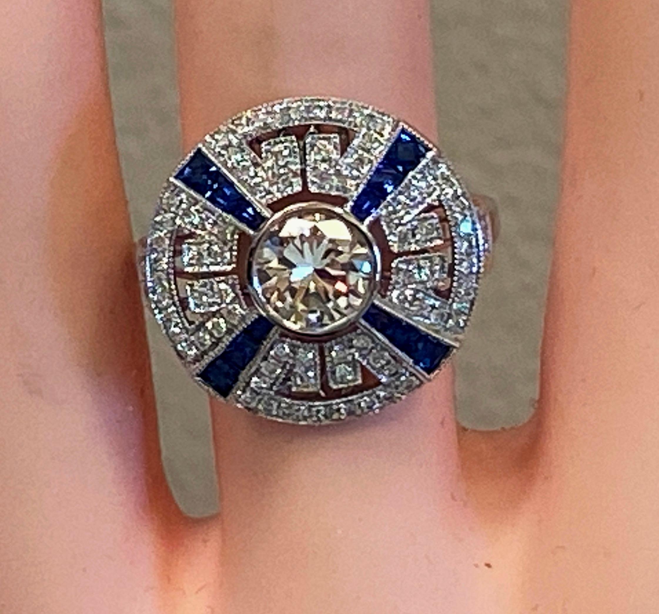 Platinum 0.83 Carat Old European Cut Diamond and Blue Sapphire Ring In Excellent Condition In Palm Desert, CA