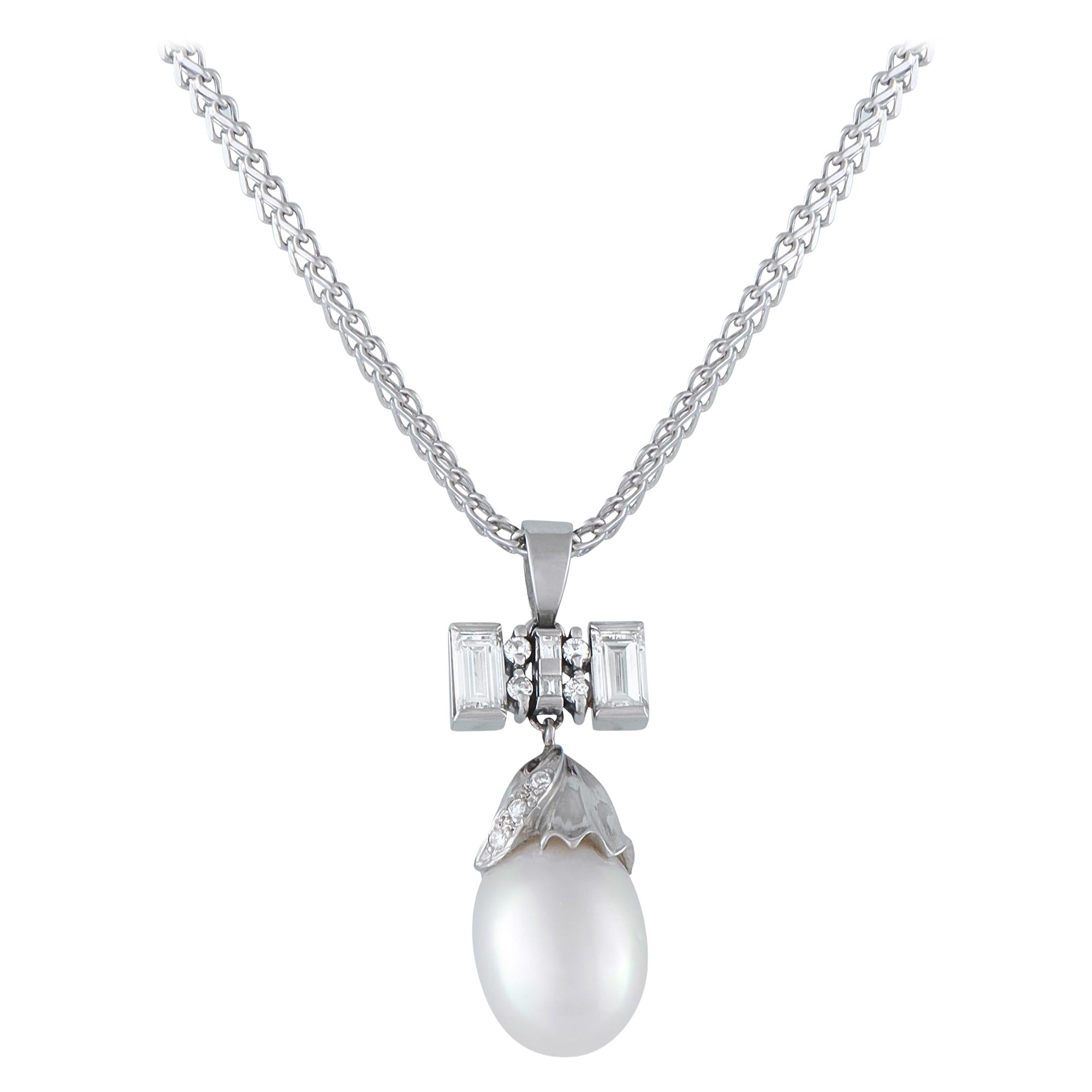 Platinum 0.85ct Diamond and Pearl Pendant Necklace MF24-101525