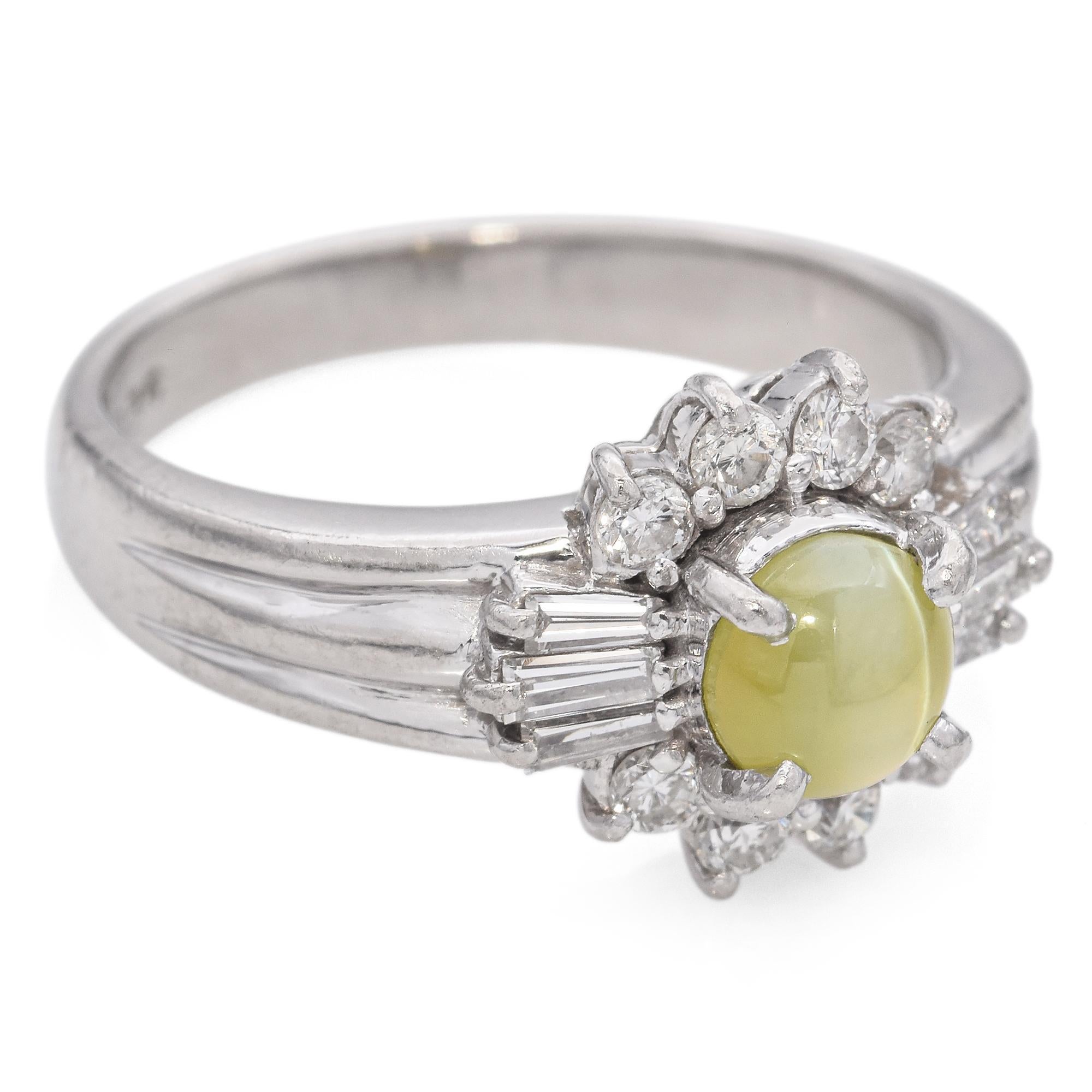 Art Deco Platinum 0.88 Ct. Cat's Eye Chrysoberyl and Diamond Ring For Sale