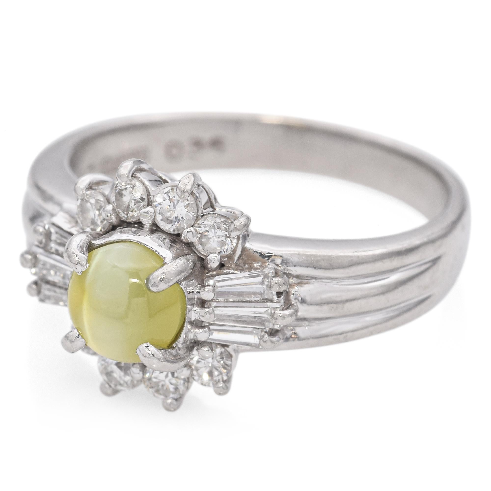 Cabochon Platinum 0.88 Ct. Cat's Eye Chrysoberyl and Diamond Ring For Sale
