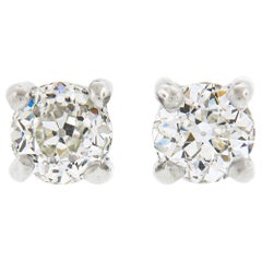 Platinum 0.88ctw Old European Cut Diamond 4 Prong Basket Classic Stud Earrings