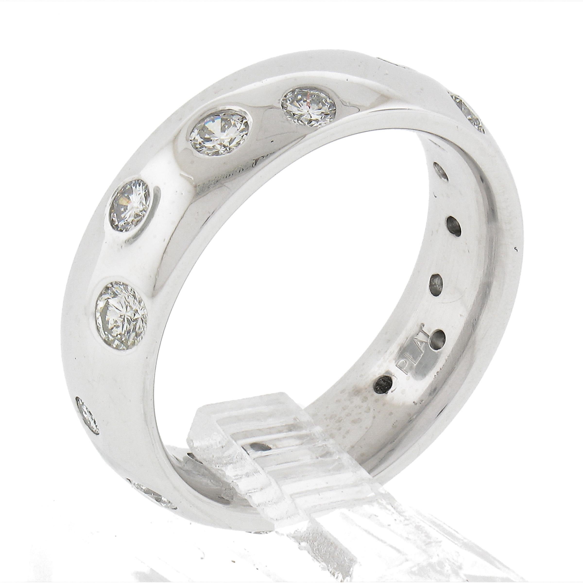 Platinum 0.90ct Round Burnish Set Diamond 5.5mm Polished Eternity Band Ring For Sale 1
