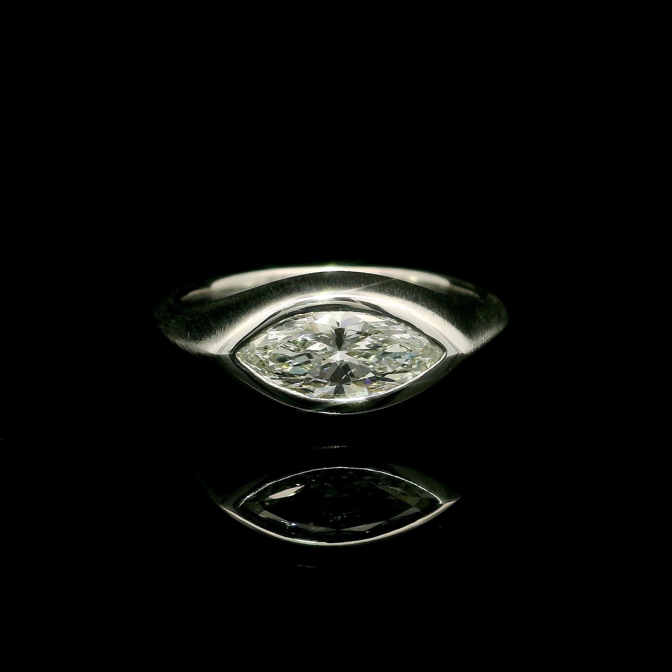 Platinum 0.91ct Marquise Cut Bezel Diamond Solitaire Brushed East West Band Ring For Sale 2