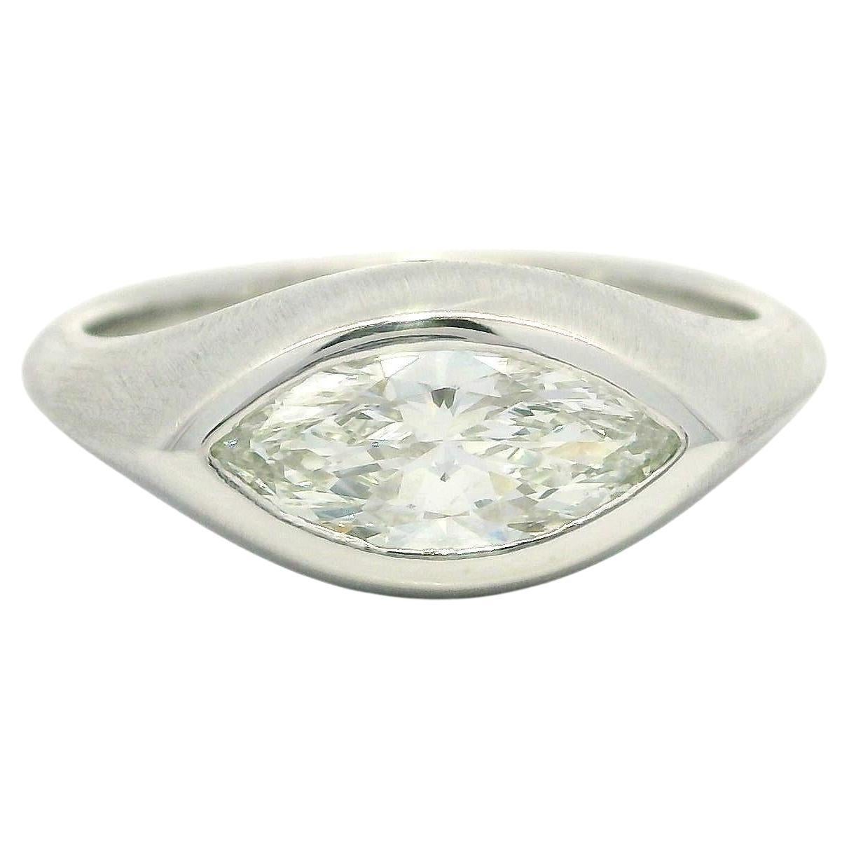 Platinum 0.91ct Marquise Cut Bezel Diamond Solitaire Brushed East West Band Ring For Sale
