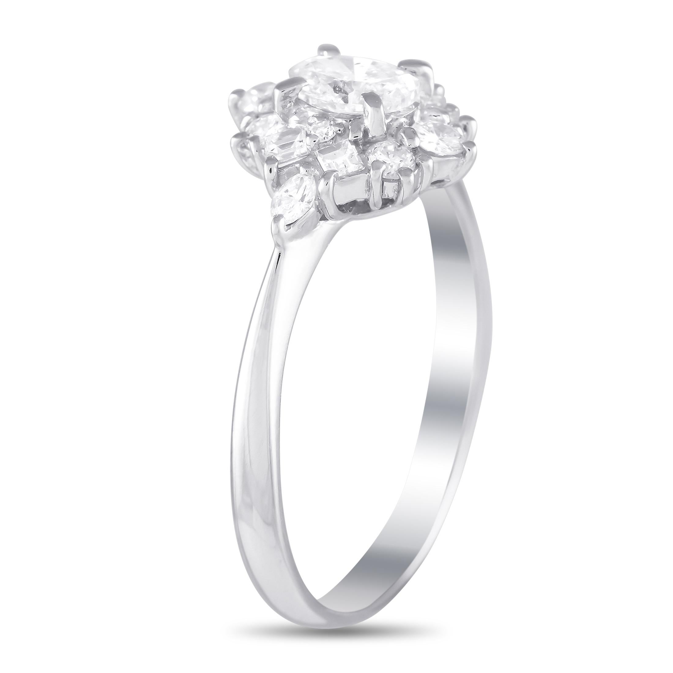This radiant ring will never go out of style. Simple, elegant, and ideal for anyone with a minimalist aesthetic, the sparkling 0.42 carat diamond center stone is elegantly accented by additional diamonds with a total weight of 0.50 carats. This