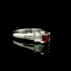 Platinum 0.92ct Square Cut Ruby Baguette Diamond Sides High Profile 3 Stone Ring