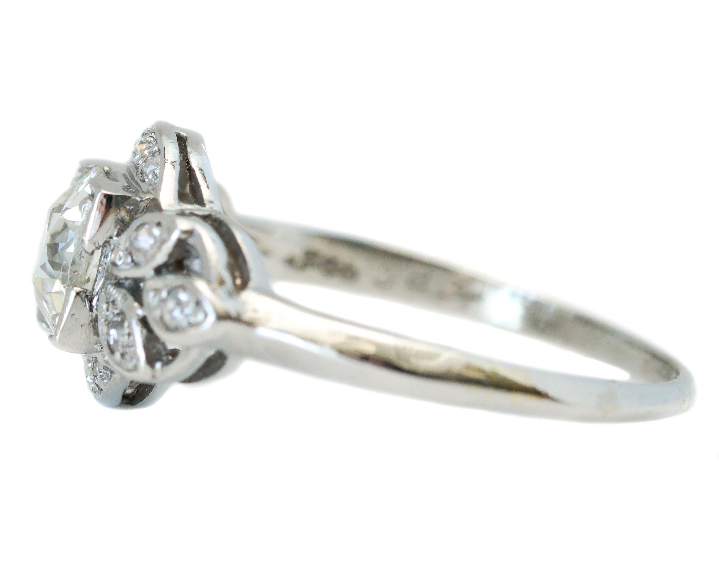 Art Deco Platinum 0.93 Carat Total Old European Cut Diamond Engagement Ring