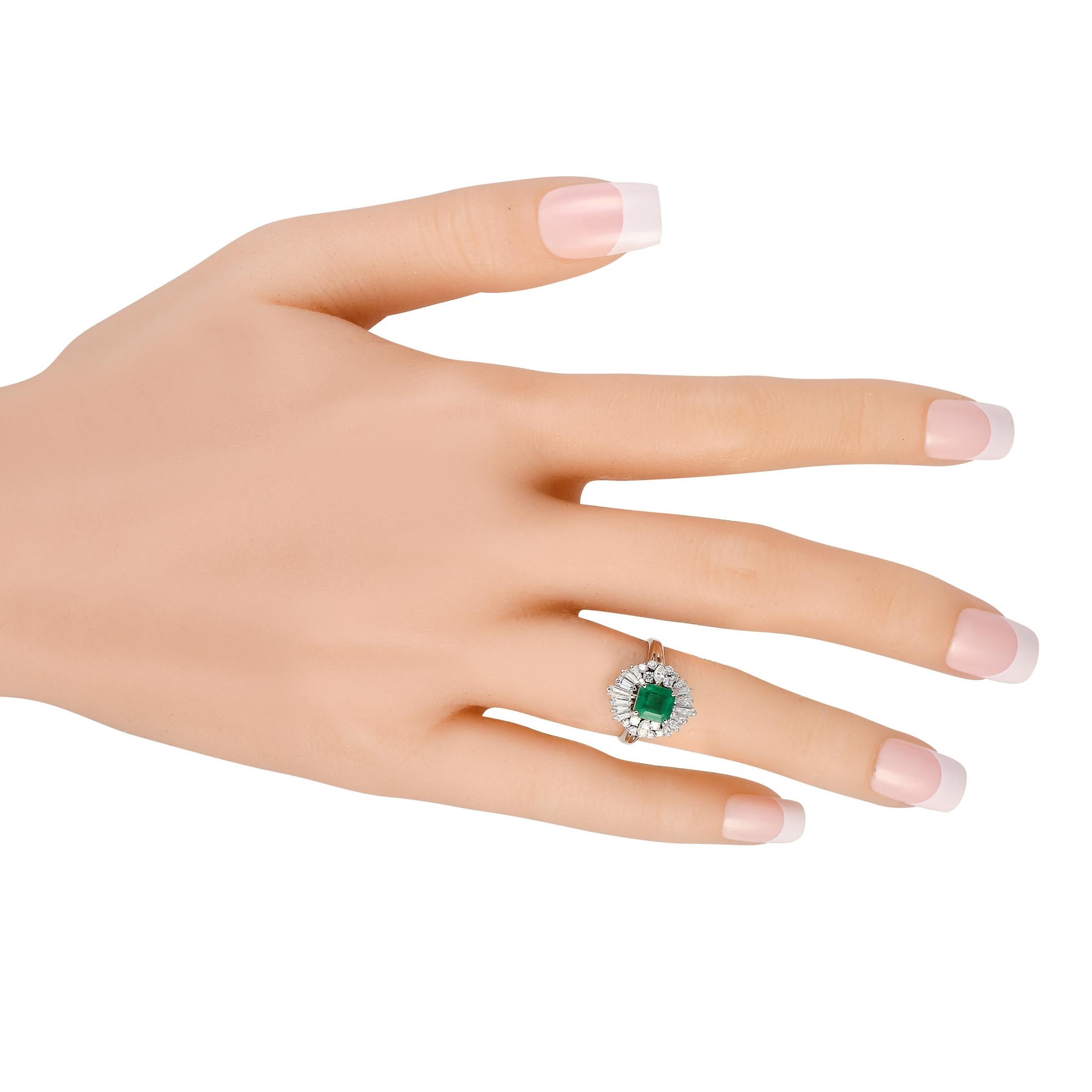 Round Cut Platinum 0.93ct Diamond and Emerald Ring  For Sale