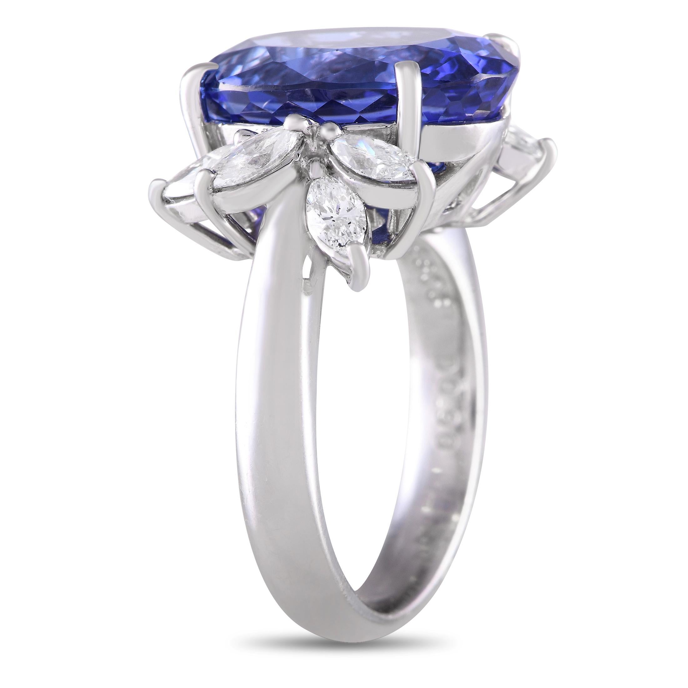 An 8.80 carat blue tanzanite center stone makes this luxury ring instantly captivating. The shimmering platinum setting also shines to life thanks to marquise cut diamonds with a total weight of 0.93 carats. This elegant accessory features a 3mm