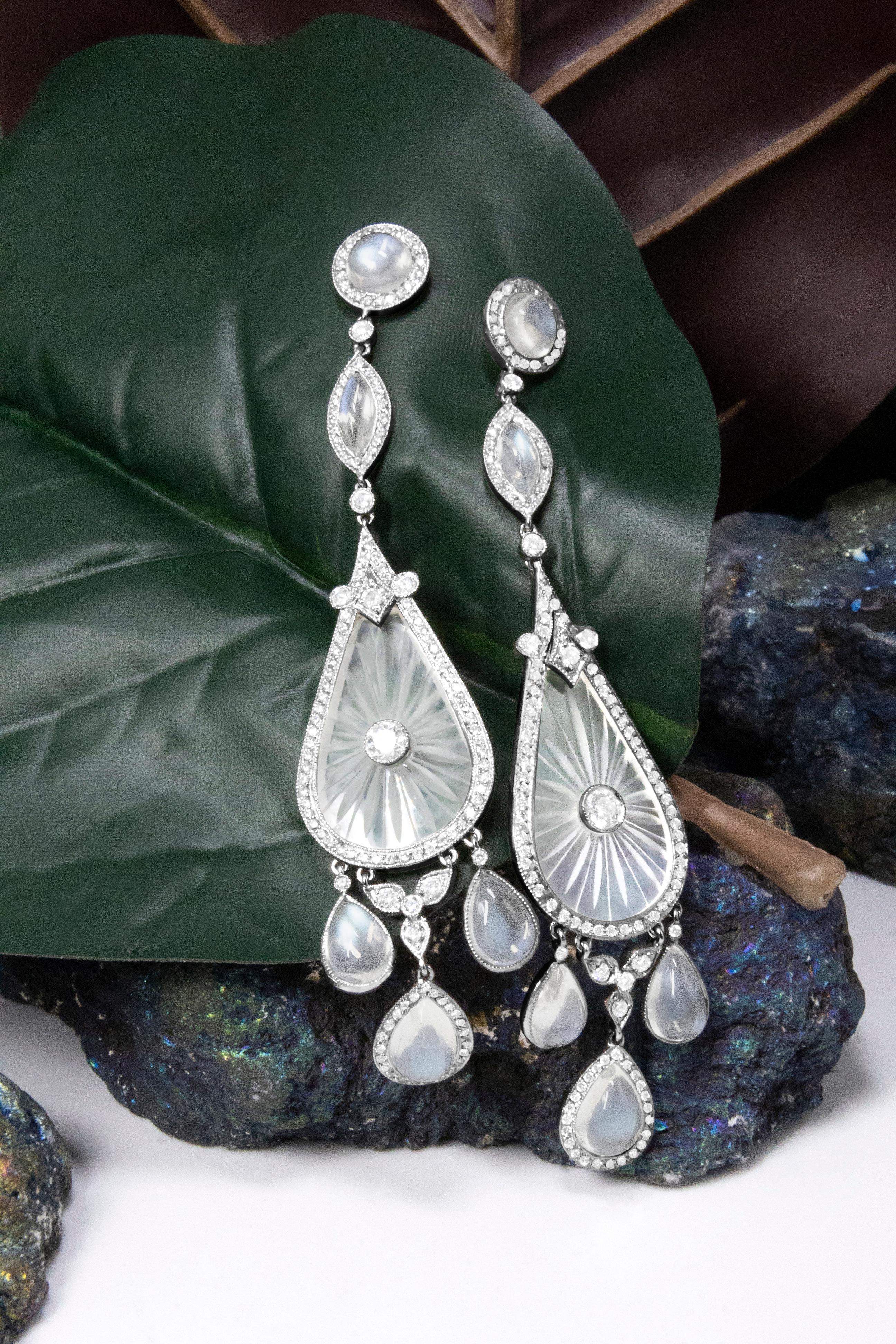 Contemporary Platinum 1 5/8 Ct Diamond, Moon Stone & Hand-Carved Rock Crystal Dangle Earrings