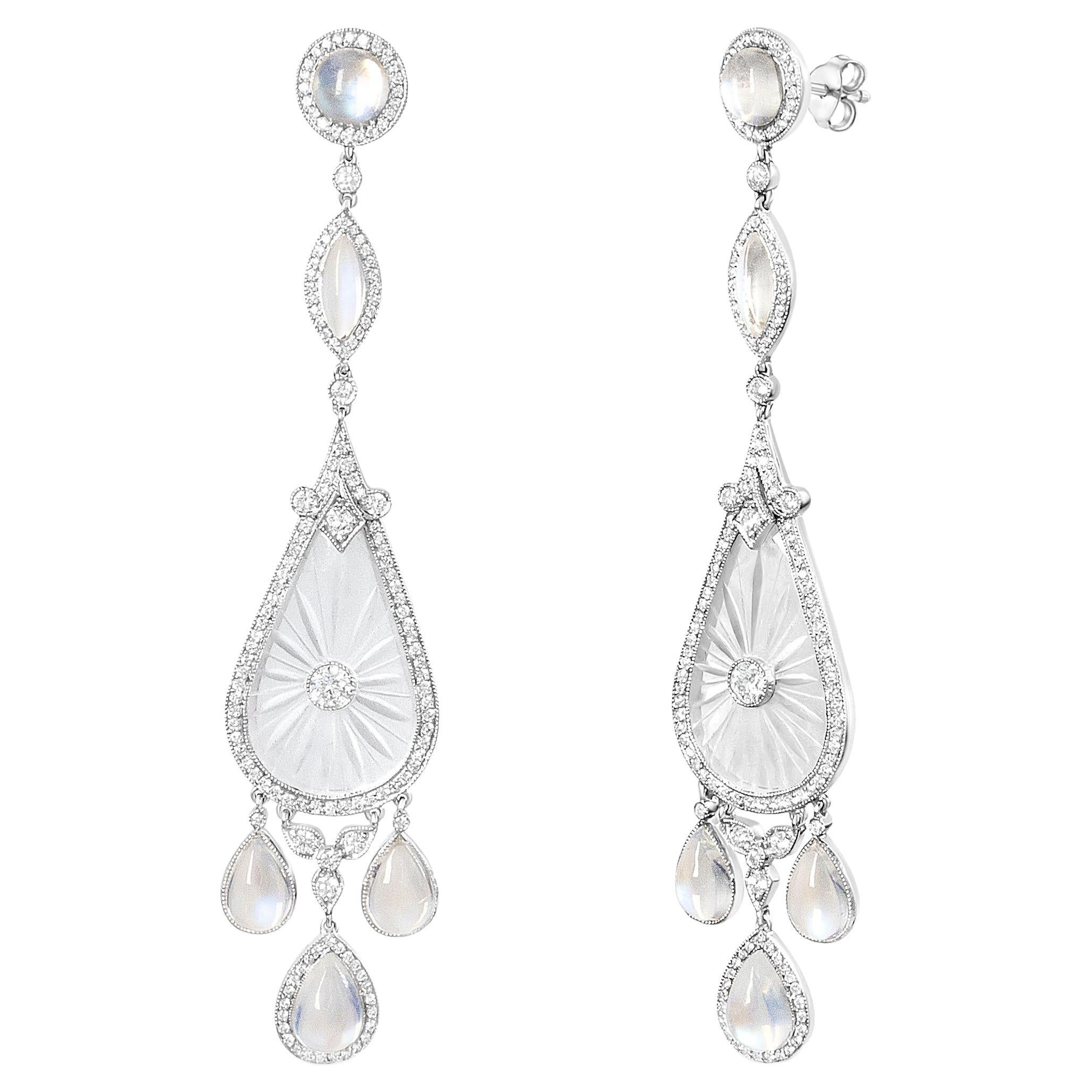Platinum 1 5/8 Ct Diamond, Moon Stone & Hand-Carved Rock Crystal Dangle Earrings
