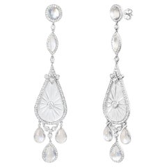 Platinum 1 5/8 Ct Diamond, Moon Stone & Hand-Carved Rock Crystal Dangle Earrings