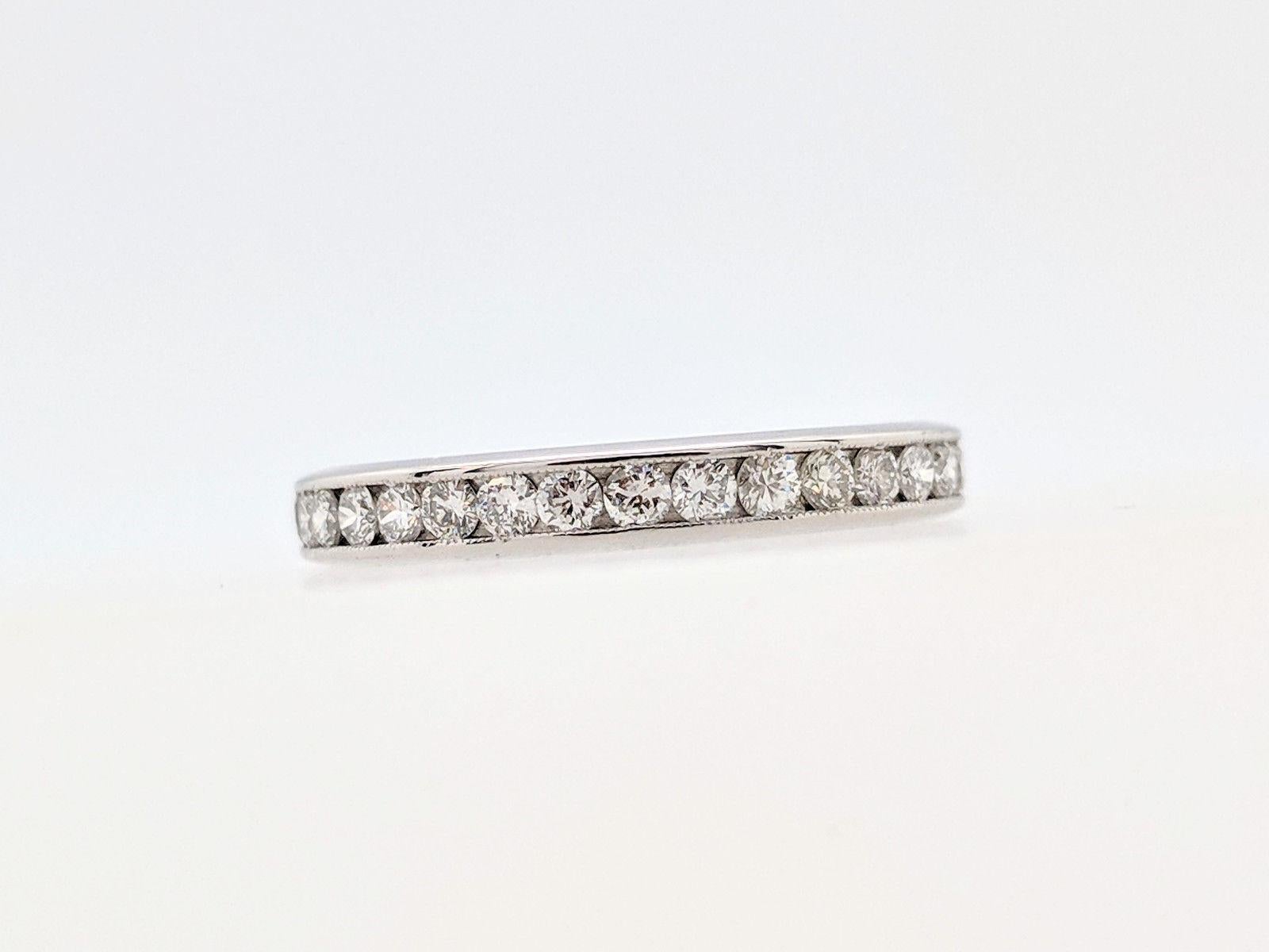 You are viewing a Stunning Diamond Eternity Band. This ring is crafted from platinum and features (33) .03ct natural round diamonds for an estimated 1ctw. We estimate the diamonds to be SI1 in clarity and G in color. This ring weighs 3.3 grams, is