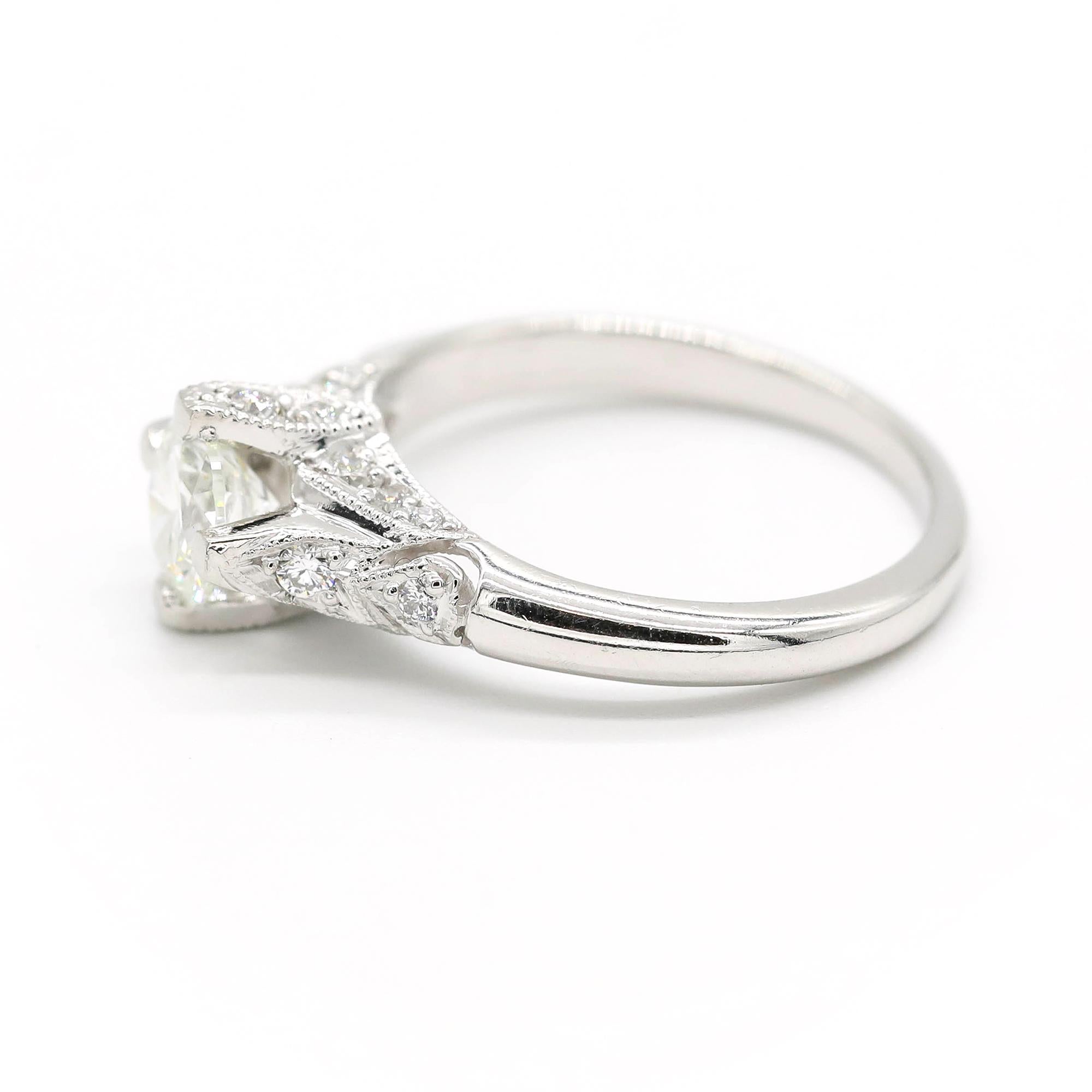 An impressive contemporary 1.0-carat diamond and platinum solitaire style engagement ring; part of our diverse diamond jewelry and estate jewelry collections.

This fine and the impressive diamond solitaire ring has been crafted in platinum.

The