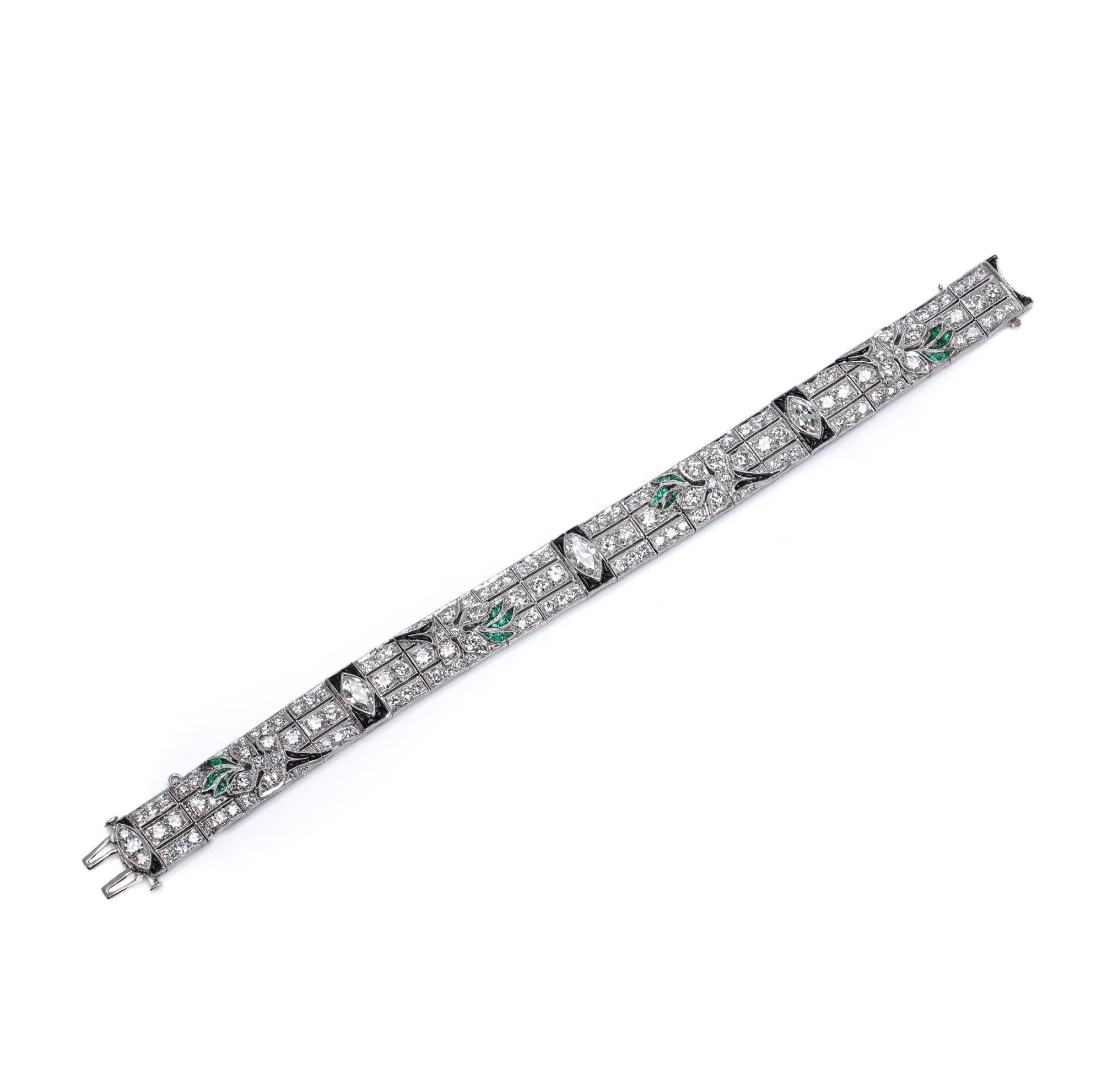 Brilliant Cut Platinum 10. ct. Diamond, Onyx, and Emerald Bracelet For Sale