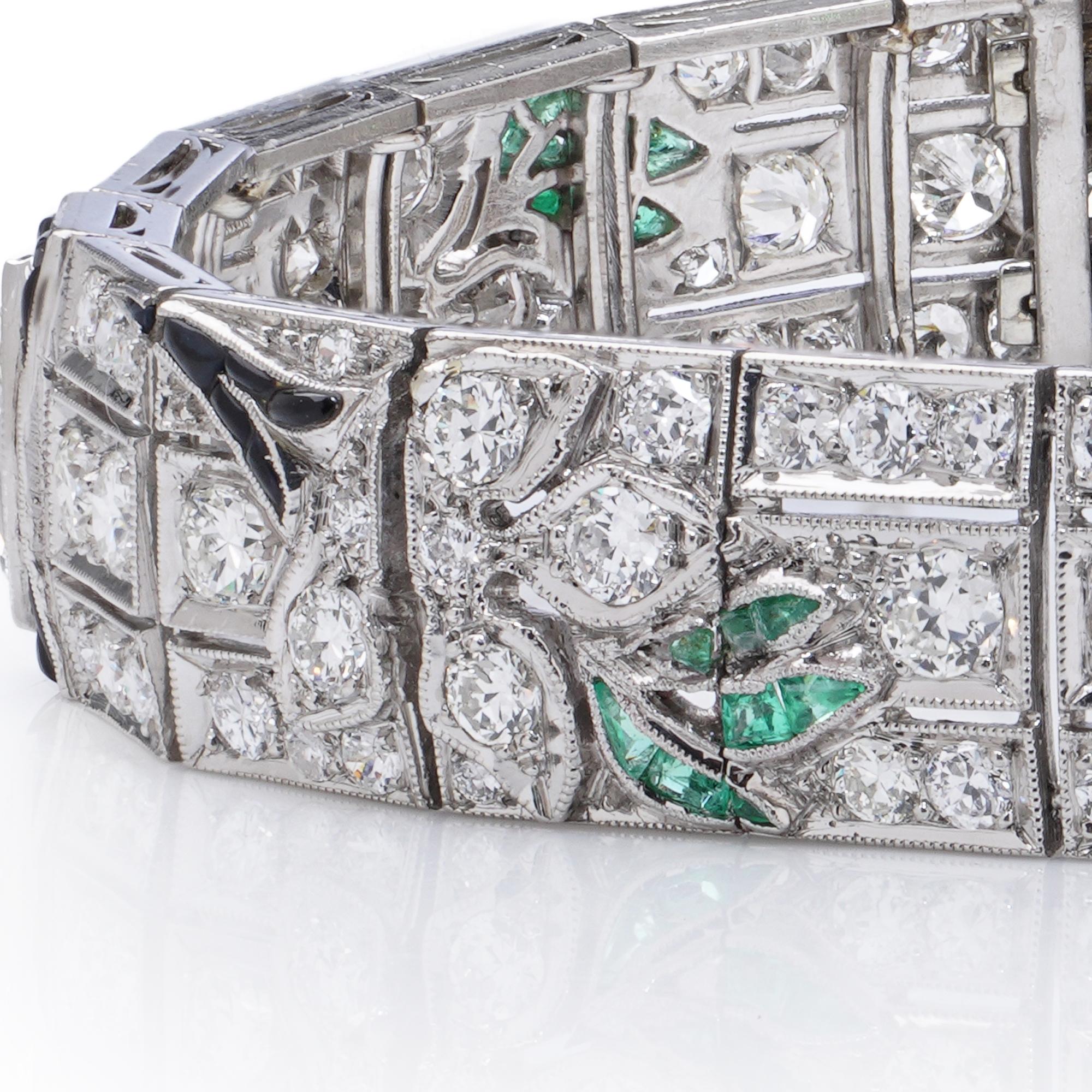 Platinum 10. ct. Diamond, Onyx, and Emerald Bracelet For Sale 2