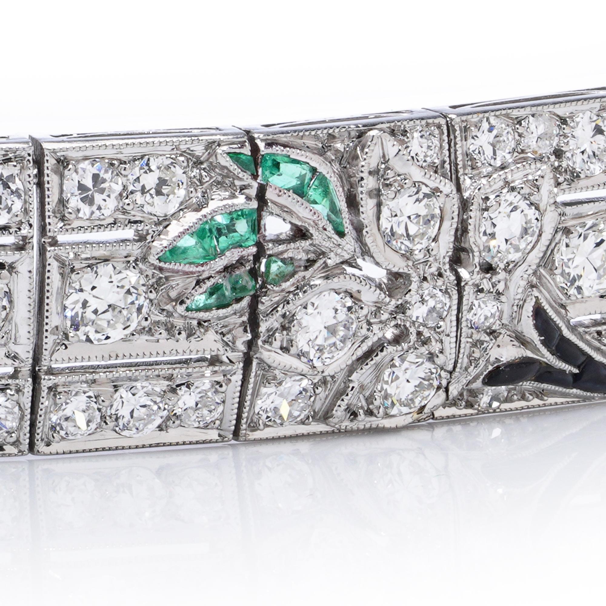 Platinum 10. ct. Diamond, Onyx, and Emerald Bracelet For Sale 4
