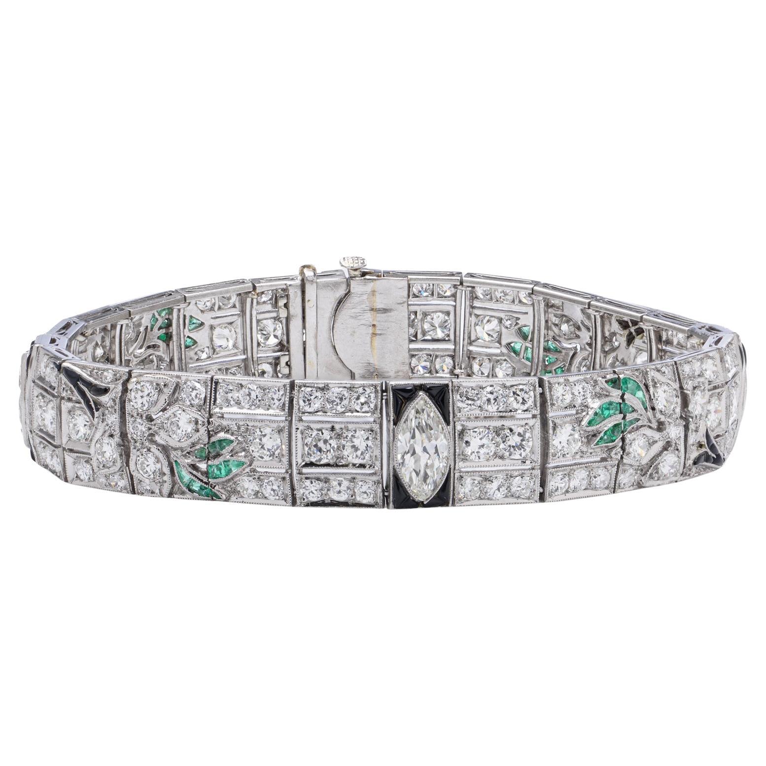 Platinum 10. ct. Diamond, Onyx, and Emerald Bracelet For Sale