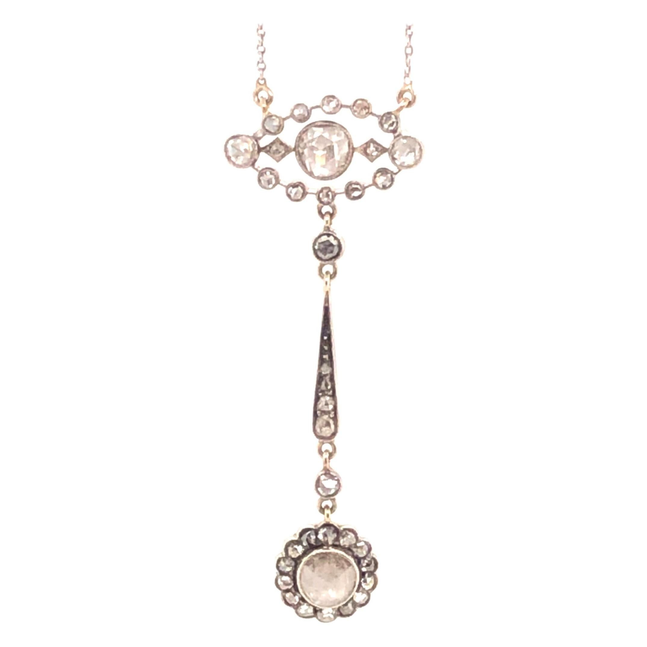 Platinum 1.00 Carat Foiled Rose Cut Diamond Edwardian Necklace For Sale