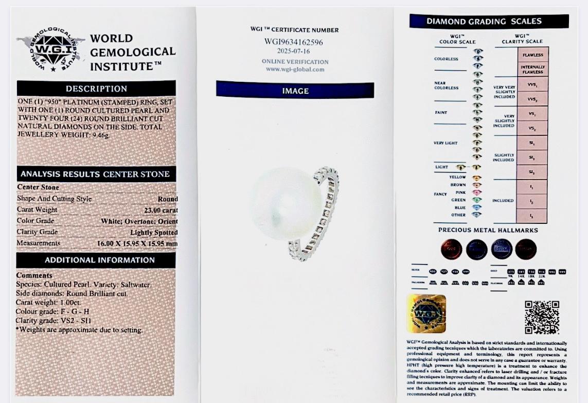 Round Cut Platinum 1.00 ct. round brilliant diamond and Cultured SaltwaterPearl Ring For Sale