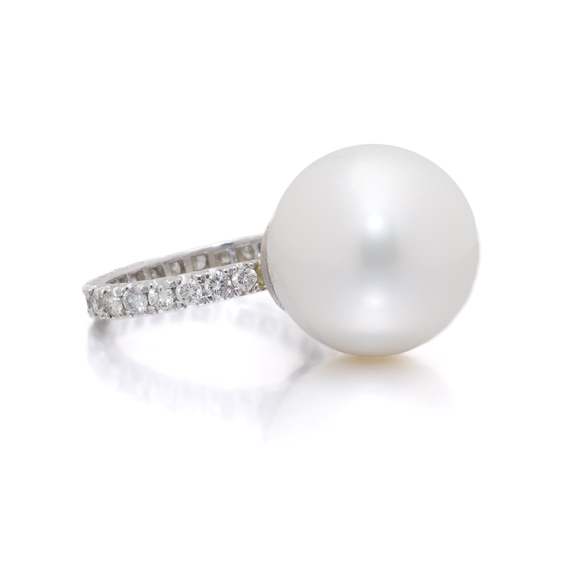 Platinum 1.00 ct. round brilliant diamond and Cultured SaltwaterPearl Ring For Sale 2