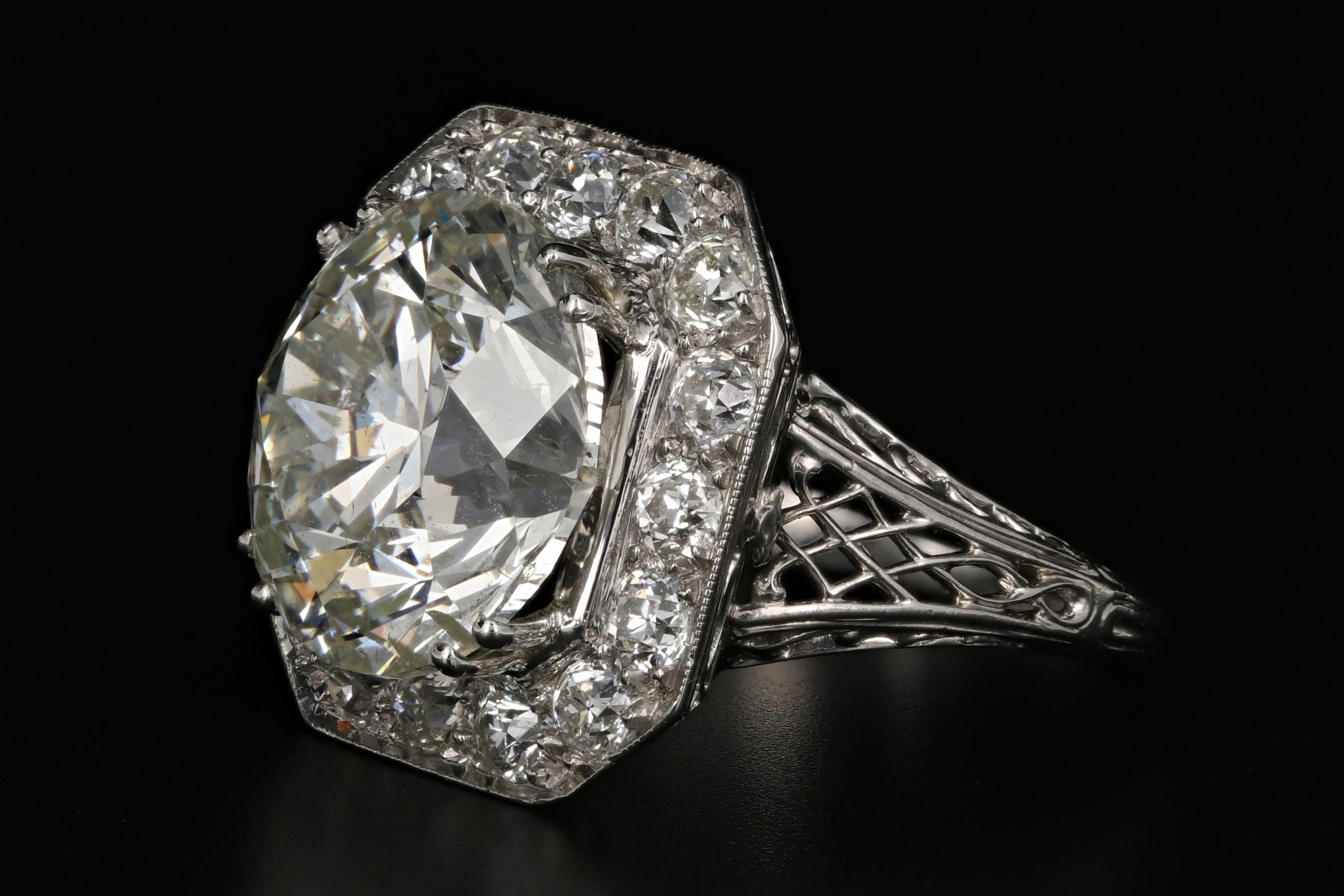 Art Deco Platinum 10.05 Carat Round Brilliant Cut Diamond Engagement Ring EGL Certified