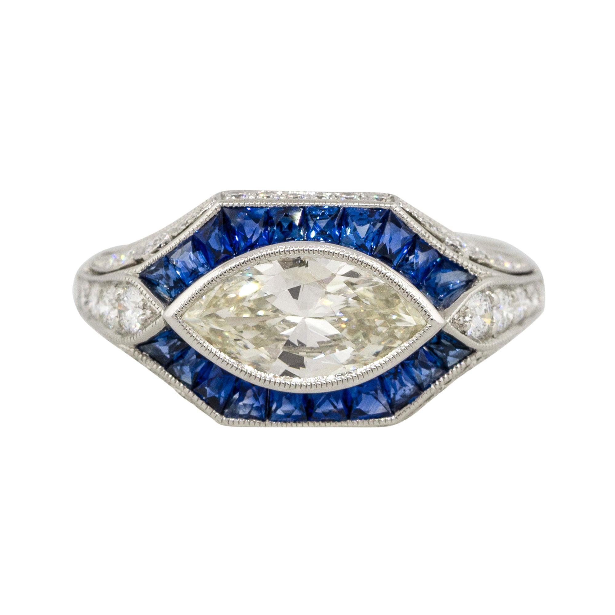 Platinum 1.01 Carat Marquise Diamond Center Sapphire Ring Platinum in Stock For Sale