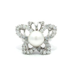 Platinum 10.1mm Pearl w/ 1.10ctw Diamond Covered Large Butterfly Ring
