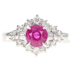 Platinum 1.02 Carat Round Natural Ruby 
Diamond Tapered Baguette Halo Ring