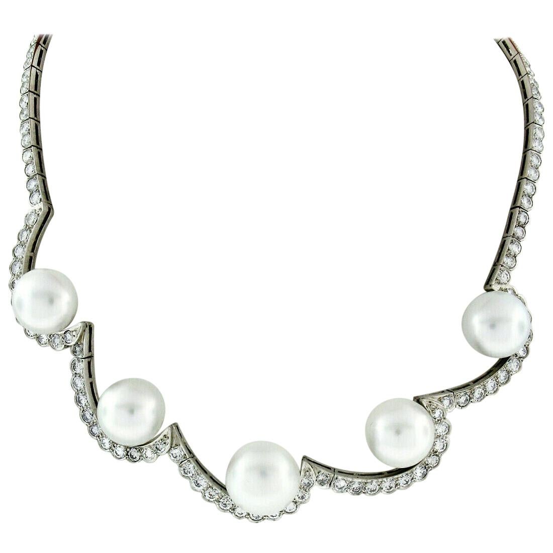 Platinum 10.25 Carat Diamond and Floating South Sea Pearl Statement Necklace For Sale