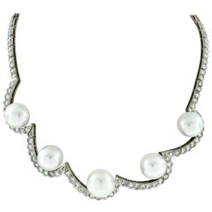 Platinum 10.25 Carat Diamond and Floating South Sea Pearl Statement Necklace