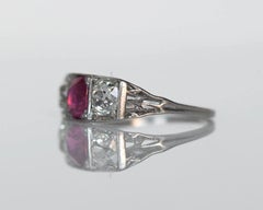Platinum 1.02ct Unheated Ruby & 1.20cttw Old Cushion Cut Diamond Engagement Ring