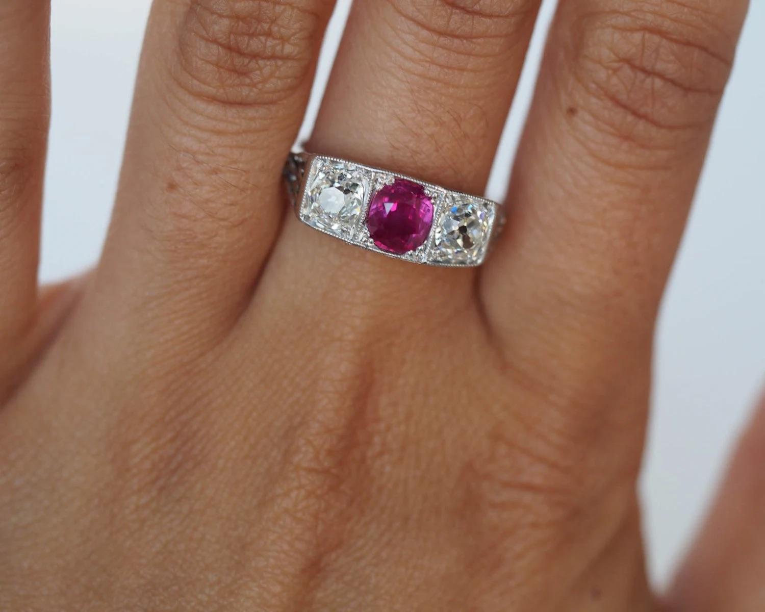 Art Deco Platinum 1.02ct Unheated Ruby & 1.20cttw Old Cushion Cut Diamond Engagement Ring For Sale