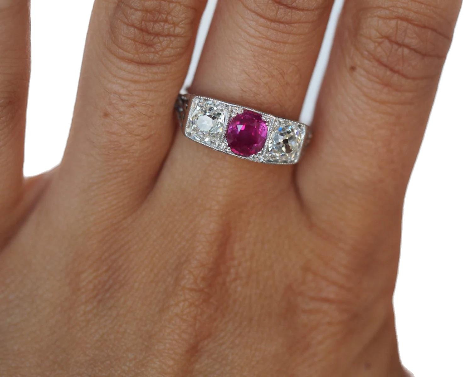 Art Deco Platinum 1.02ct Unheated Ruby & 1.20cttw Old Cushion Cut Diamond Engagement Ring For Sale