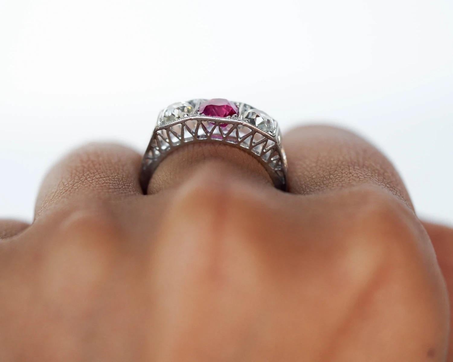 Platinum 1.02ct Unheated Ruby & 1.20cttw Old Cushion Cut Diamond Engagement Ring In Excellent Condition For Sale In Hicksville, NY