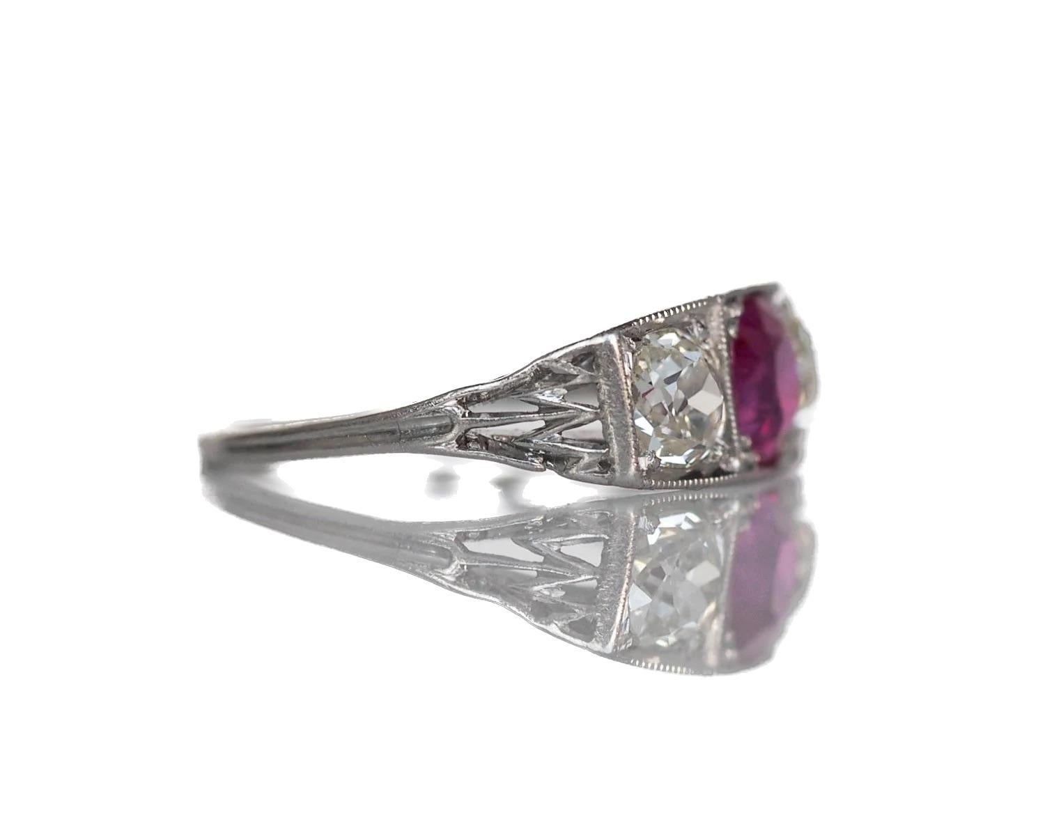 Platinum 1.02ct Unheated Ruby & 1.20cttw Old Cushion Cut Diamond Engagement Ring In Good Condition For Sale In Hicksville, NY
