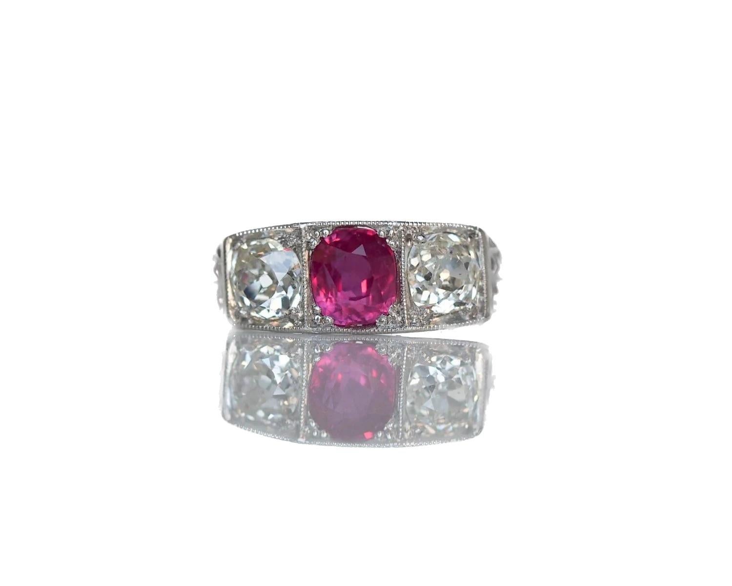Women's or Men's Platinum 1.02ct Unheated Ruby & 1.20cttw Old Cushion Cut Diamond Engagement Ring For Sale
