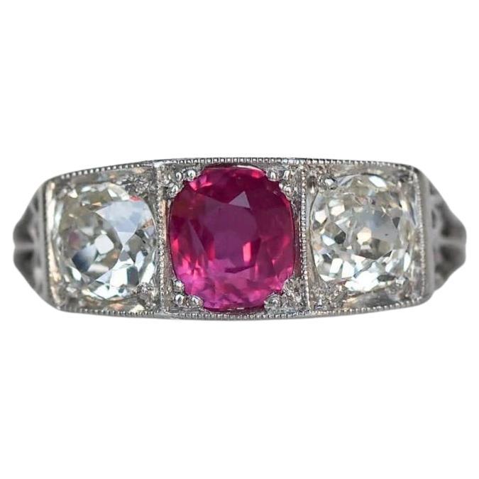 Platinum 1.02ct Unheated Ruby & 1.20cttw Old Cushion Cut Diamond Engagement Ring