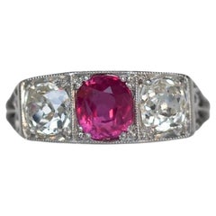 Antique Platinum 1.02ct Unheated Ruby & 1.20cttw Old Cushion Cut Diamond Engagement Ring