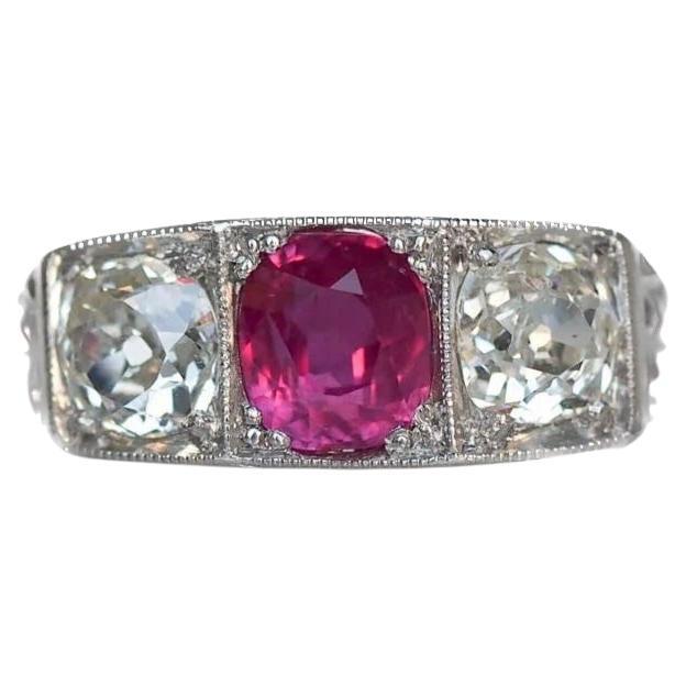 Platinum 1.02ct Unheated Ruby & 1.20cttw Old Cushion Cut Diamond Engagement Ring For Sale