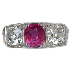 Antique Platinum 1.02ct Unheated Ruby & 1.20cttw Old Cushion Cut Diamond Engagement Ring