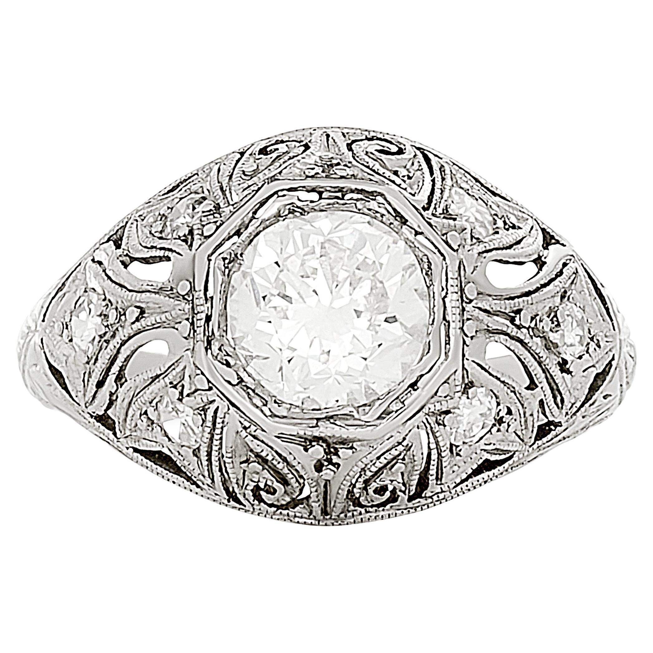 Bague de fiançailles vintage certifiée GIA, en platine avec diamants de 1.03 carat