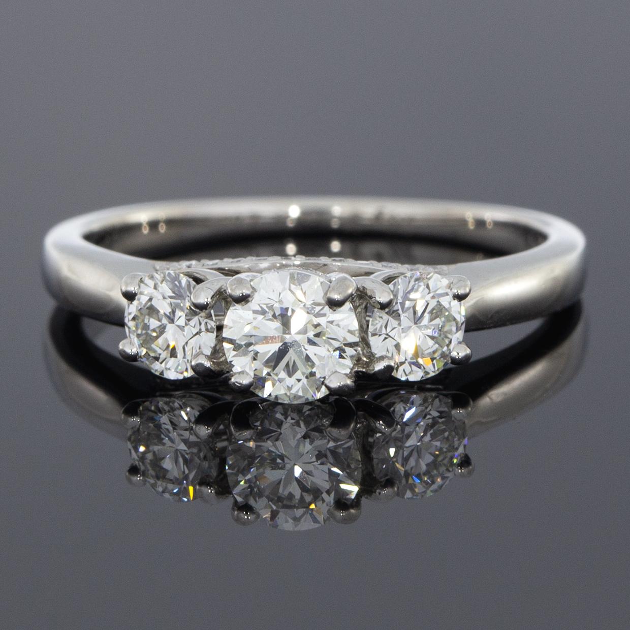 Platinum 1.03 Carat GIA Round Diamond Three-Stone Engagement Ring In Excellent Condition In Columbia, MO