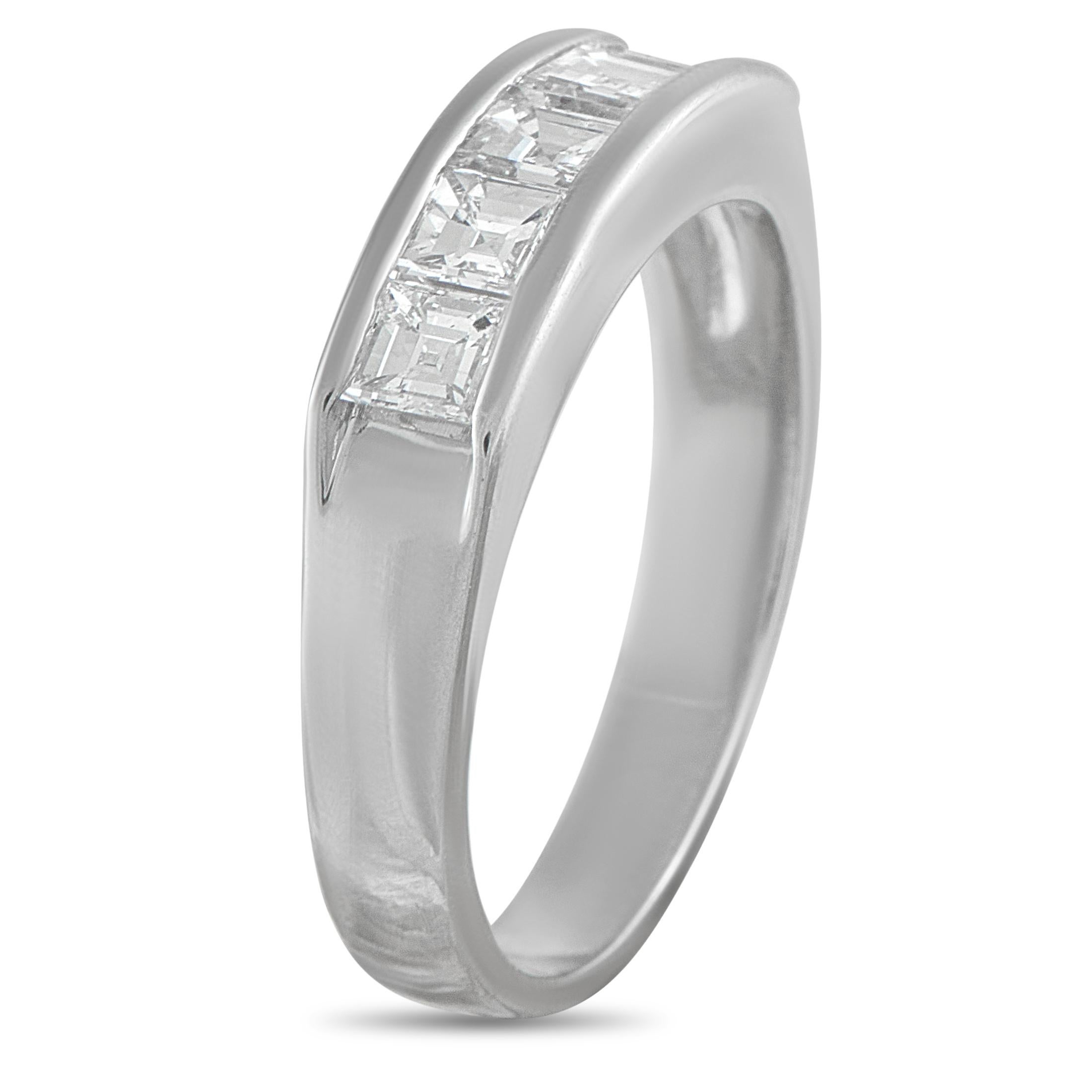 An understated design makes this luxury piece ideal for everyday wear. Set in Platinum, inset Diamonds totaling 1.03 carats make a stylish statement at the center. It features a 4mm wide band and a 4mm top height.This jewelry piece is offered in