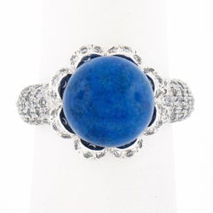Platinum 10.3mm Lapis Bead Ball w/ 0.70ctw Round Pave Set Diamond Cocktail Ring