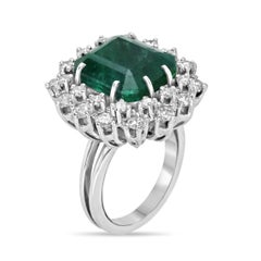 Platinum 10.40tcw Vintage Emerald Cut Emerald & Diamond Halo Ring, Dark Green