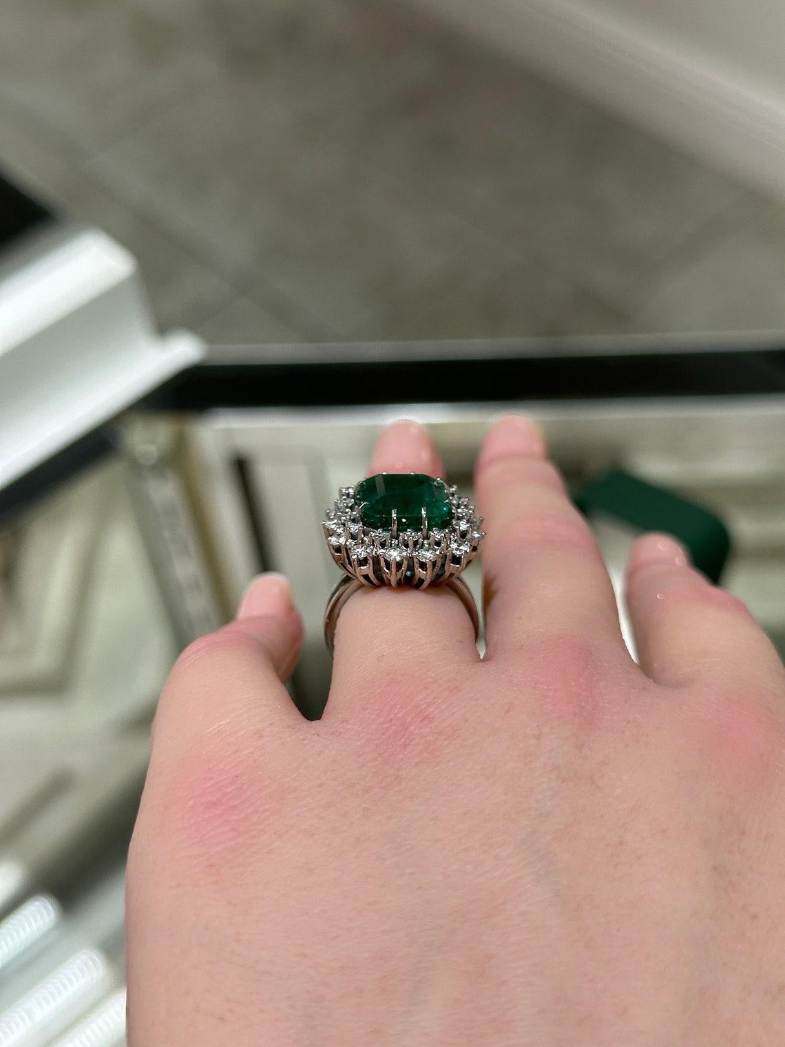 Women's Platinum 10.40tcw Vintage Emerald Cut Emerald & Diamond Halo Ring, Dark Green For Sale