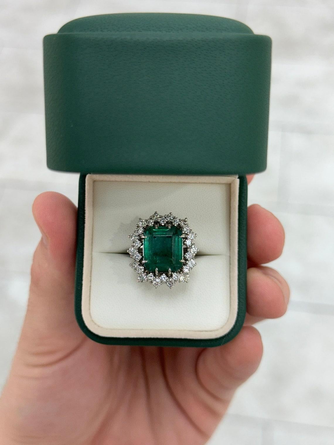 Platinum 10.40tcw Vintage Emerald Cut Emerald & Diamond Halo Ring, Dark Green For Sale 1