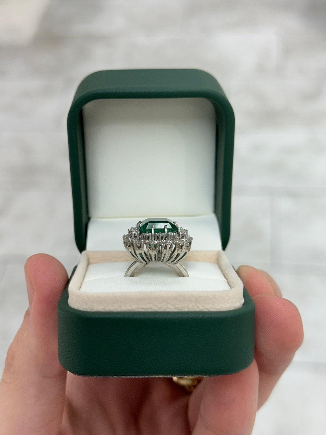Platinum 10.40tcw Vintage Emerald Cut Emerald & Diamond Halo Ring, Dark Green For Sale 2